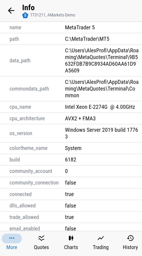 Terminal info with data paths, CPU model and OS version