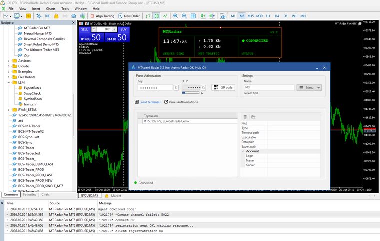 Окно агента MTAgent Radar и статус CONNECTED на графике