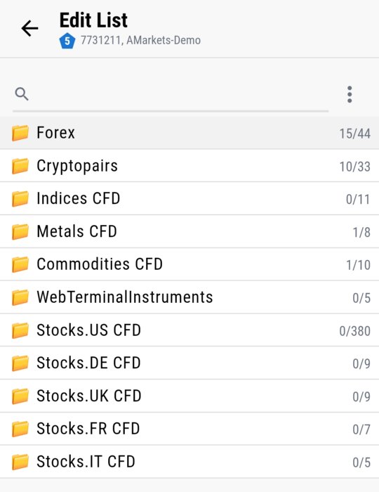 Symbolkategorien - Forex, Kryptopaare, Indizes-CFD, Metalle-CFD, Aktien nach Land