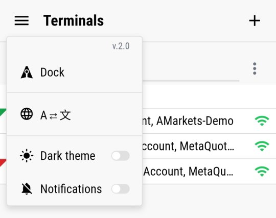 Das Dock-Menü mit Sprachumschalter, Dark-Theme und Benachrichtigungs-Schaltern