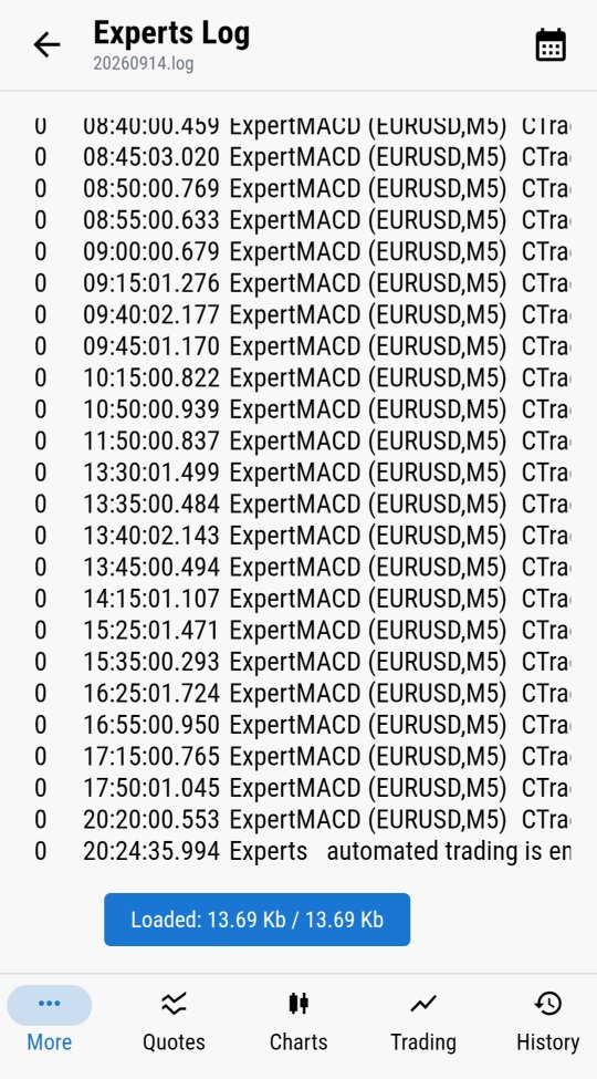 Experts Log listing timestamped EA activity