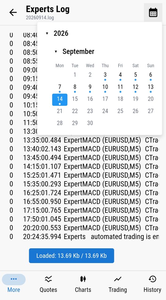 Calendar picker for jumping to any past day's Experts Log