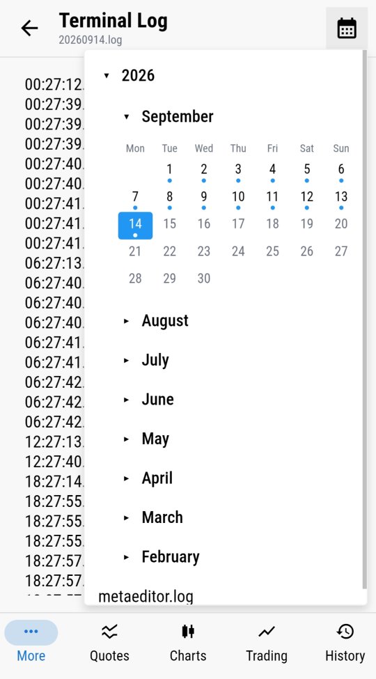 Terminal Log calendar with months of history available