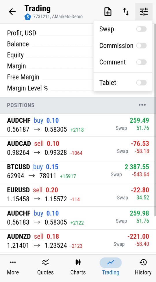Açık pozisyonlar için sütun açma/kapama - swap, komisyon, yorum