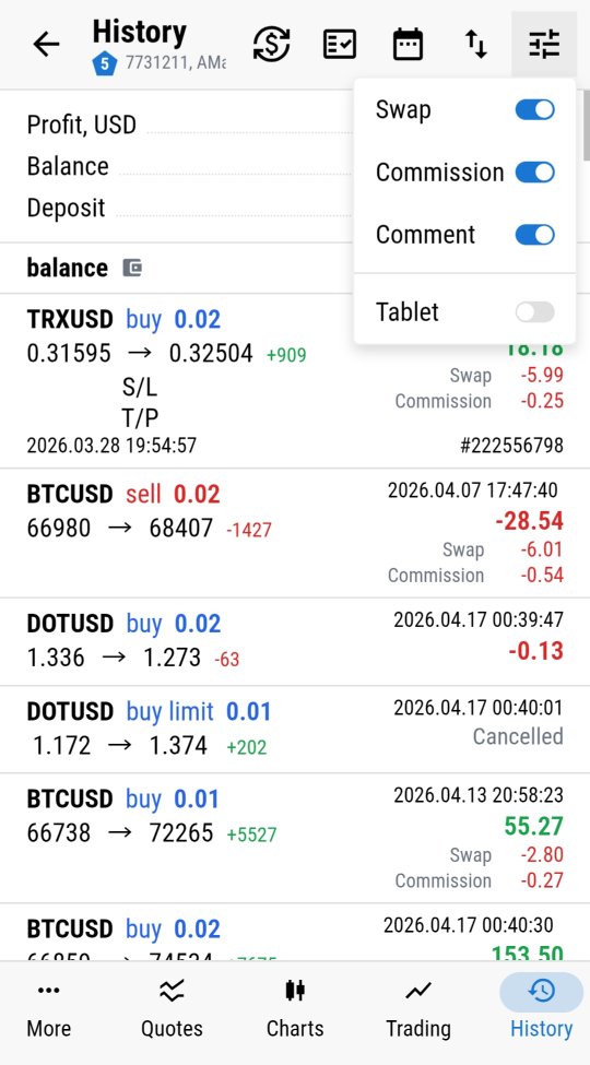 İşlem geçmişi için sütun açma/kapama - swap, komisyon, yorum