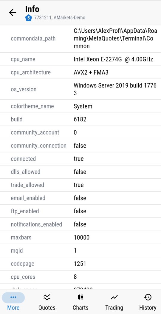 Account and system diagnostics in MTRemote