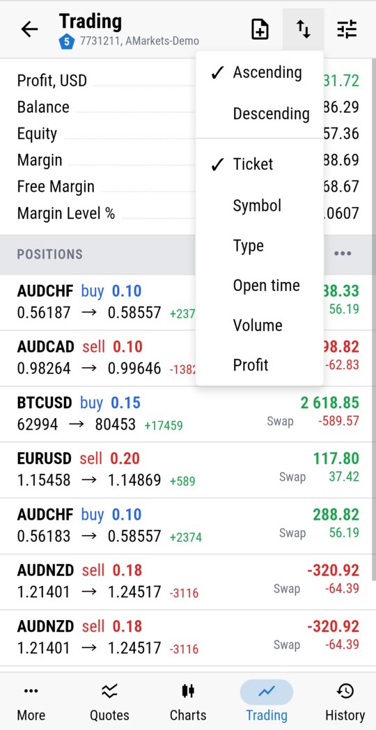 Open positions sort menu in MTRemote