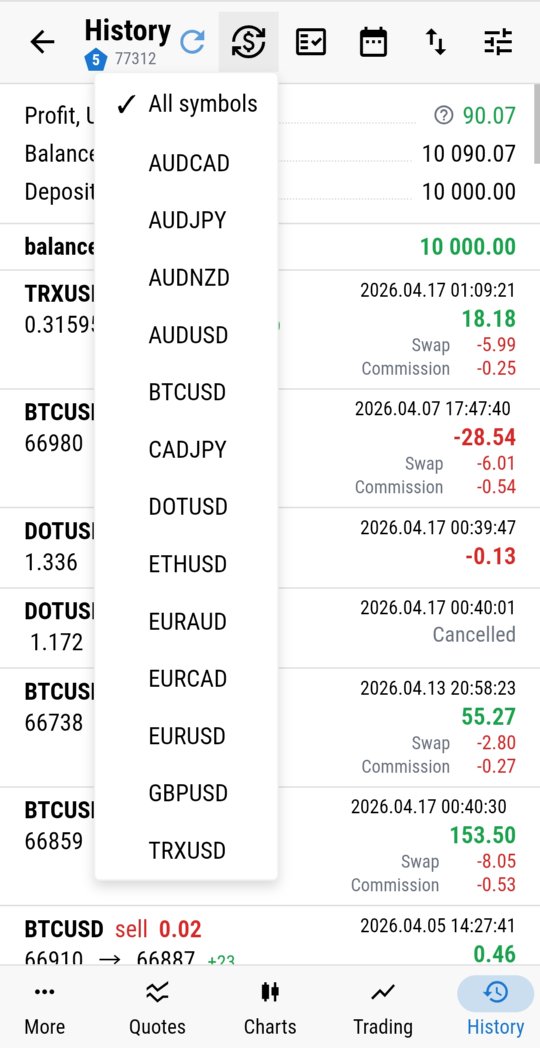 Trade history filtered by symbol in MTRemote
